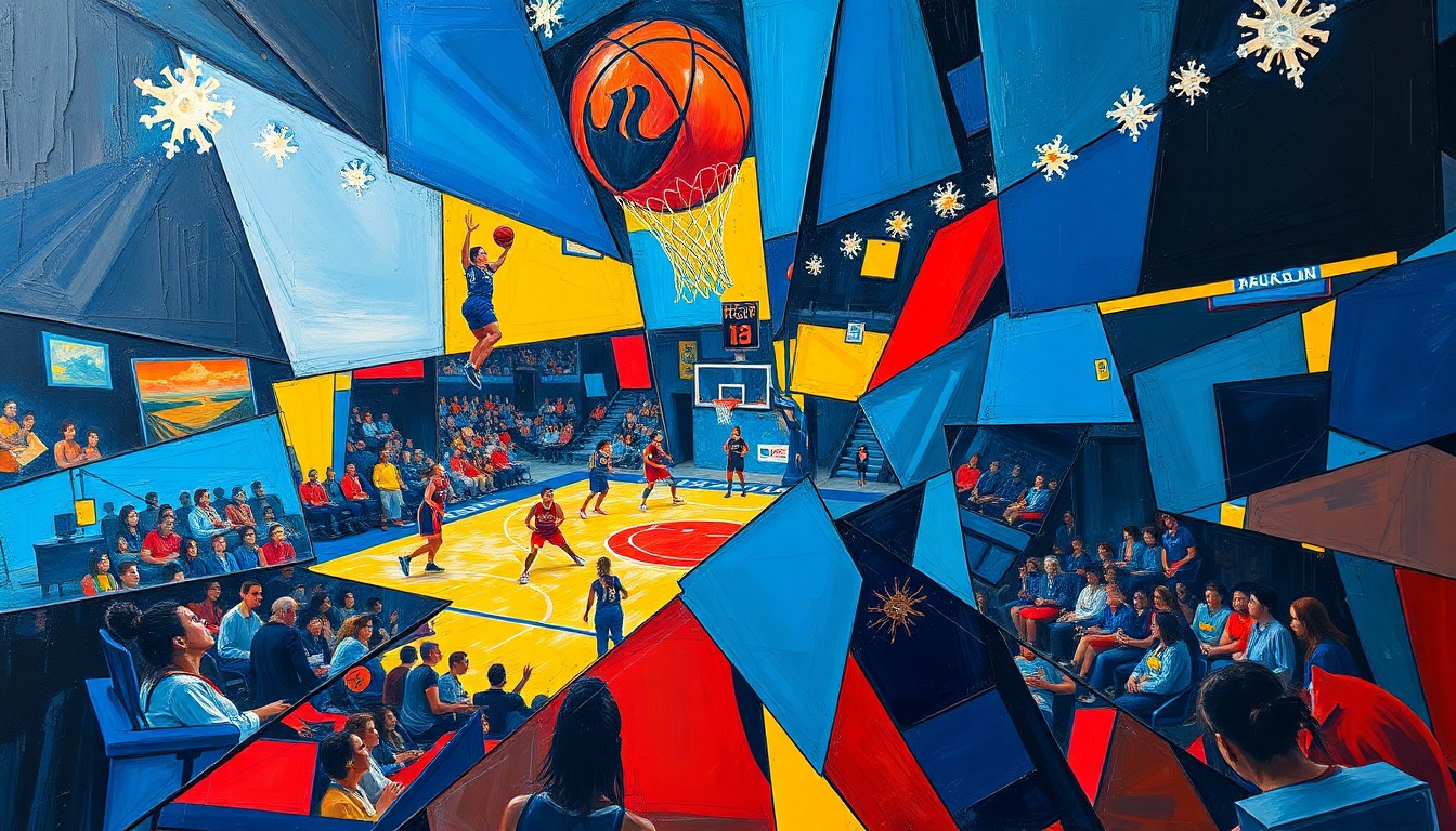 A fractured, multi-perspective painting capturing the energy and movement of a women's basketball game, with sharp geometric shapes in a vibrant color palette conceptually representing the empowerment of women-owned businesses during the Final Four tournament.