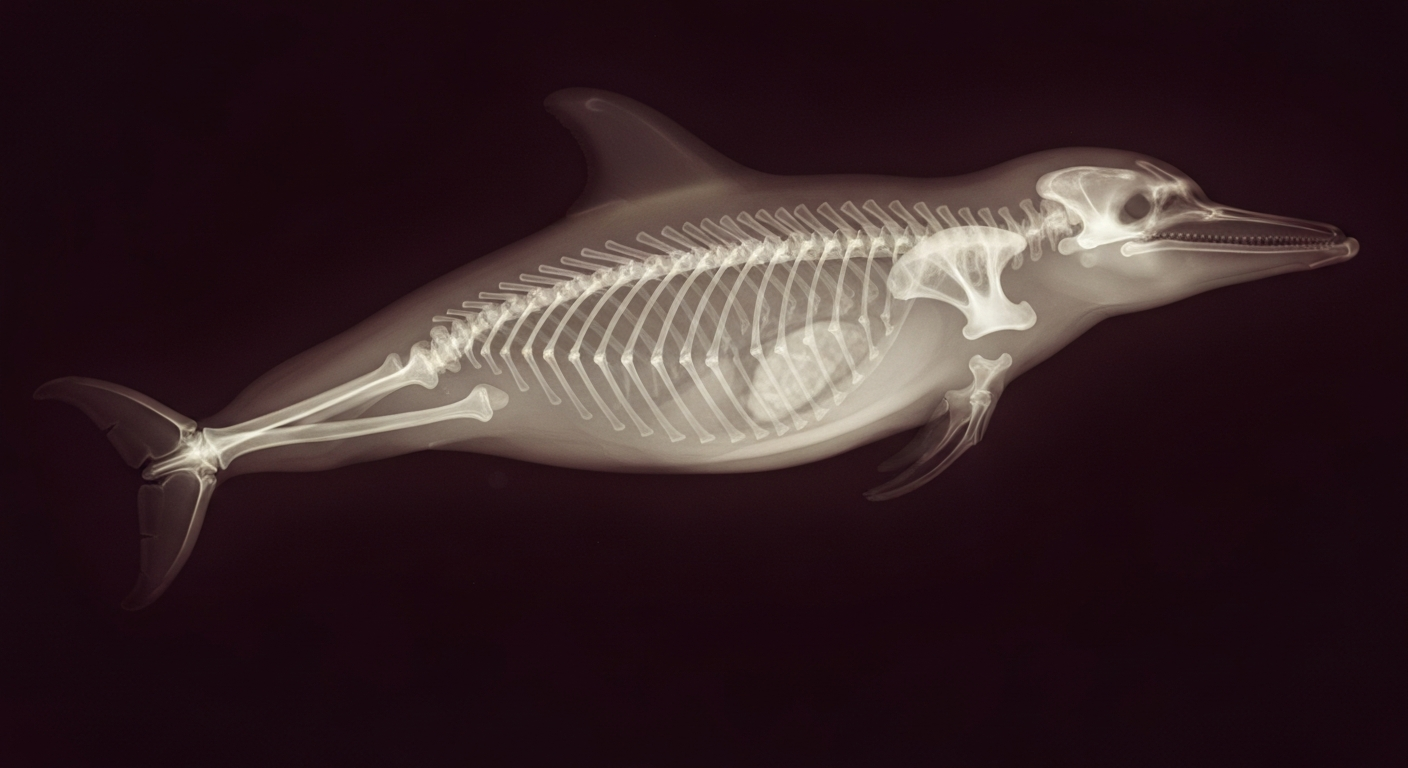 A ghostly, translucent X-ray photograph showing the skeletal structure of a marine mammal, conveying the unseen dangers that can lurk beneath the surface of the water.