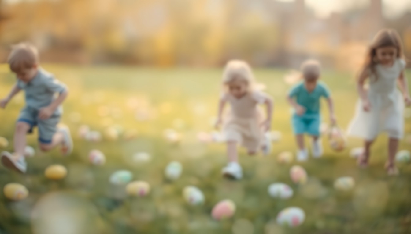 An abstract, impressionistic photograph of children running and searching for Easter eggs on a grassy field, with soft, out-of-focus pools of warm pastel colors and light, capturing the celebratory mood of the community event.