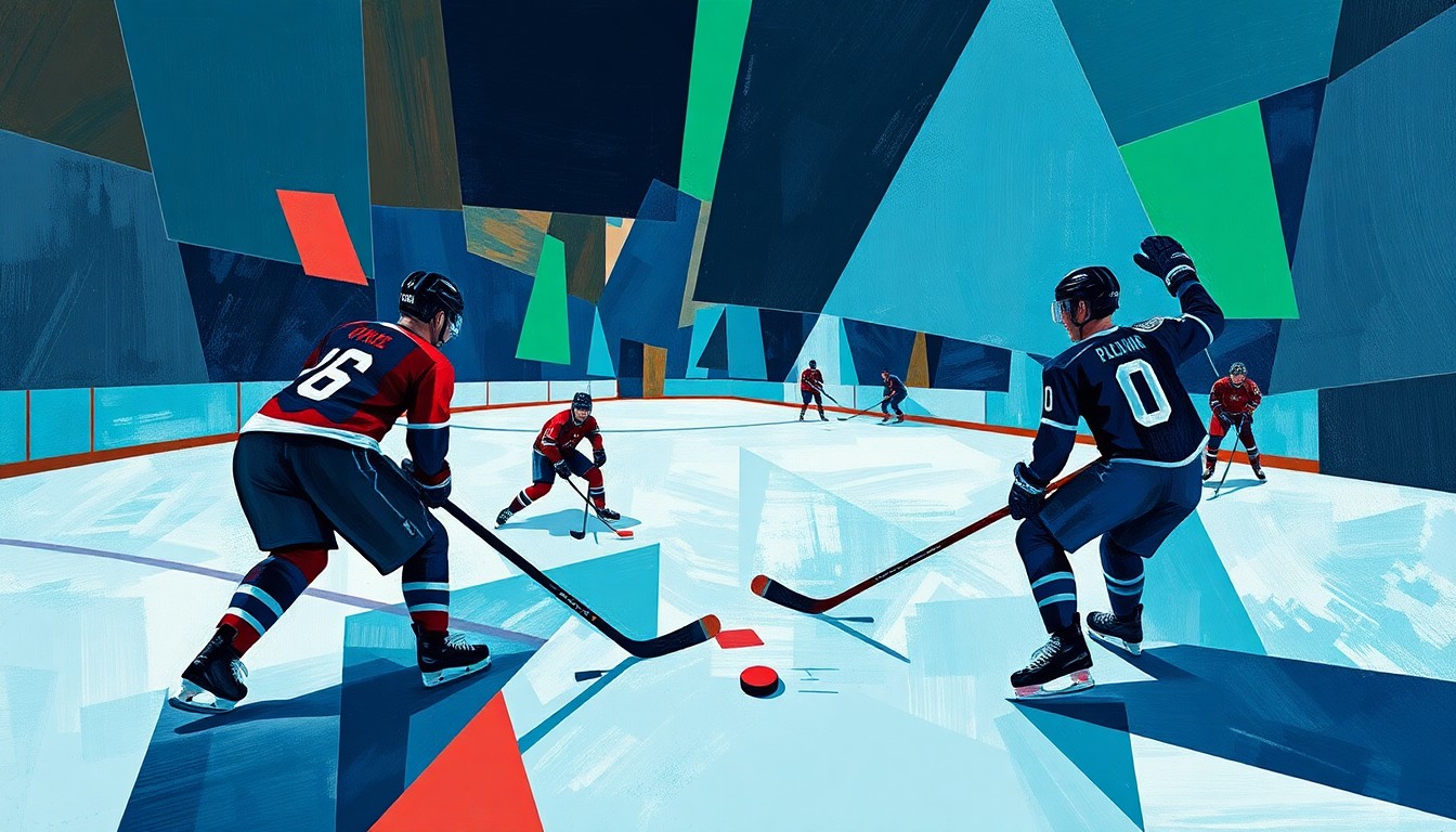 A fractured, multi-perspective painting depicting a hockey game, with the players and puck represented as fragmented, angular shapes in a palette of deep blues, greens, and reds.