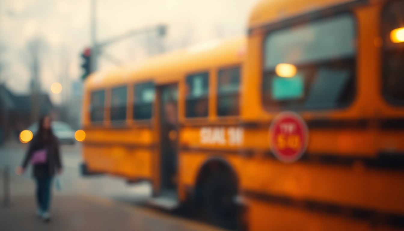 An abstract, out-of-focus scene of a school bus stop, with blurred shapes and colors representing the uncertainty and concern surrounding the incident.