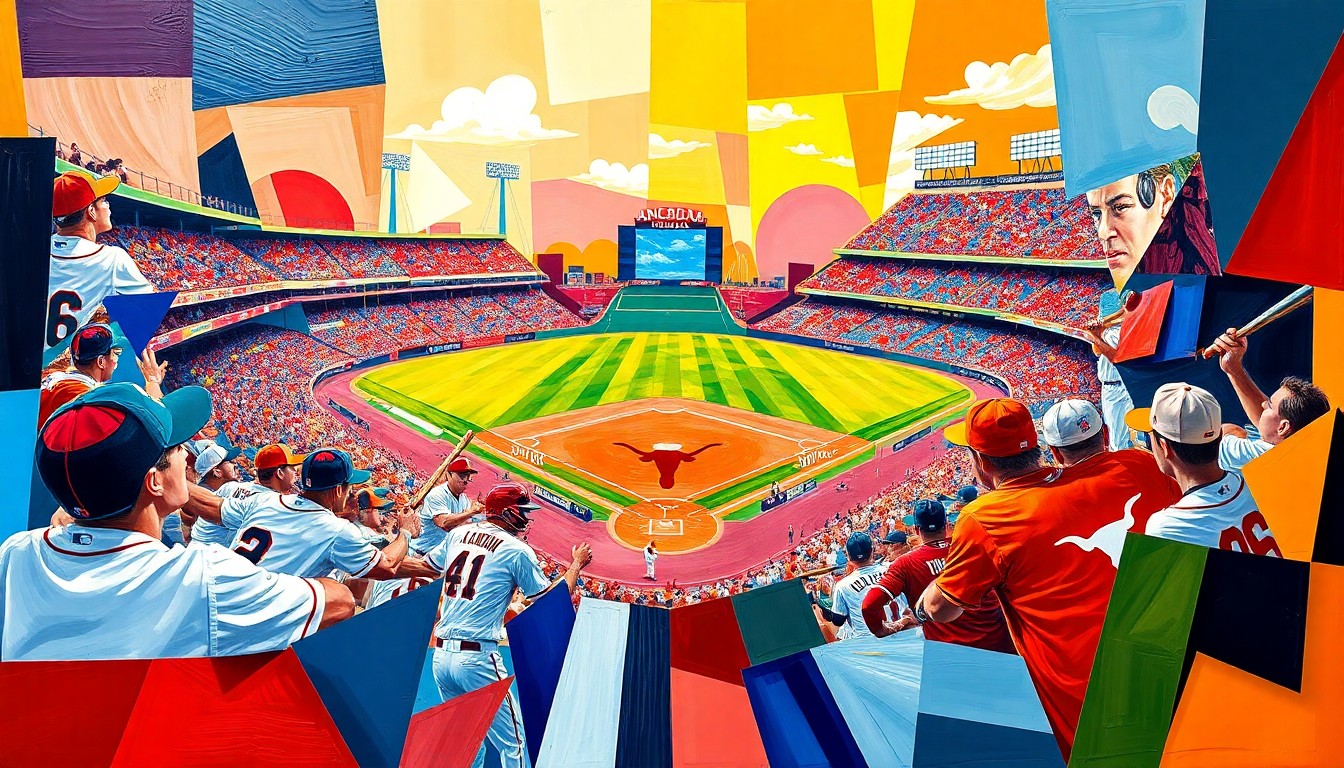 A cubist, geometric painting depicting a college baseball game, with overlapping planes of color representing the players and action on the field.
