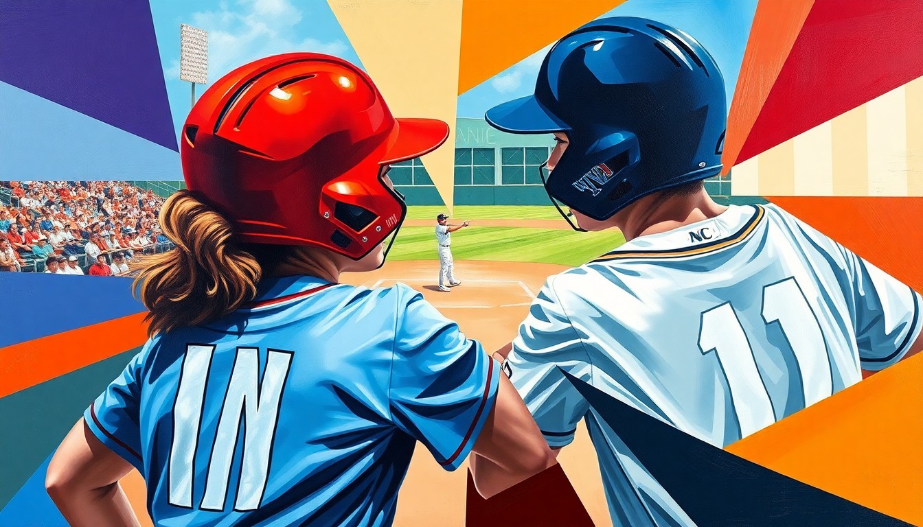A fragmented, geometric painting depicting a softball game, with the players and field broken down into sharp, overlapping planes of color representing the UNC and NC State uniforms.