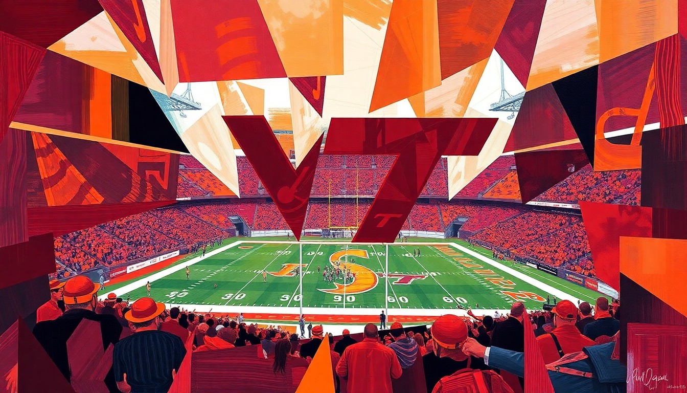 A cubist, geometric illustration depicting a football game or match, with sharp, overlapping planes of maroon and orange representing the dynamic energy and intensity of the sport.
