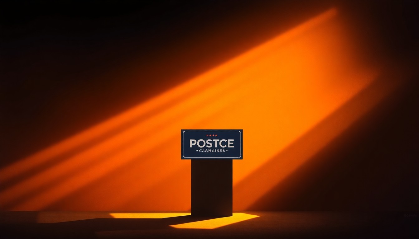 A warm, cinematic painting featuring a solitary political campaign sign or podium, bathed in soft, diagonal sunlight and deep shadows, conveying a sense of quiet contemplation and the personal nature of local politics.