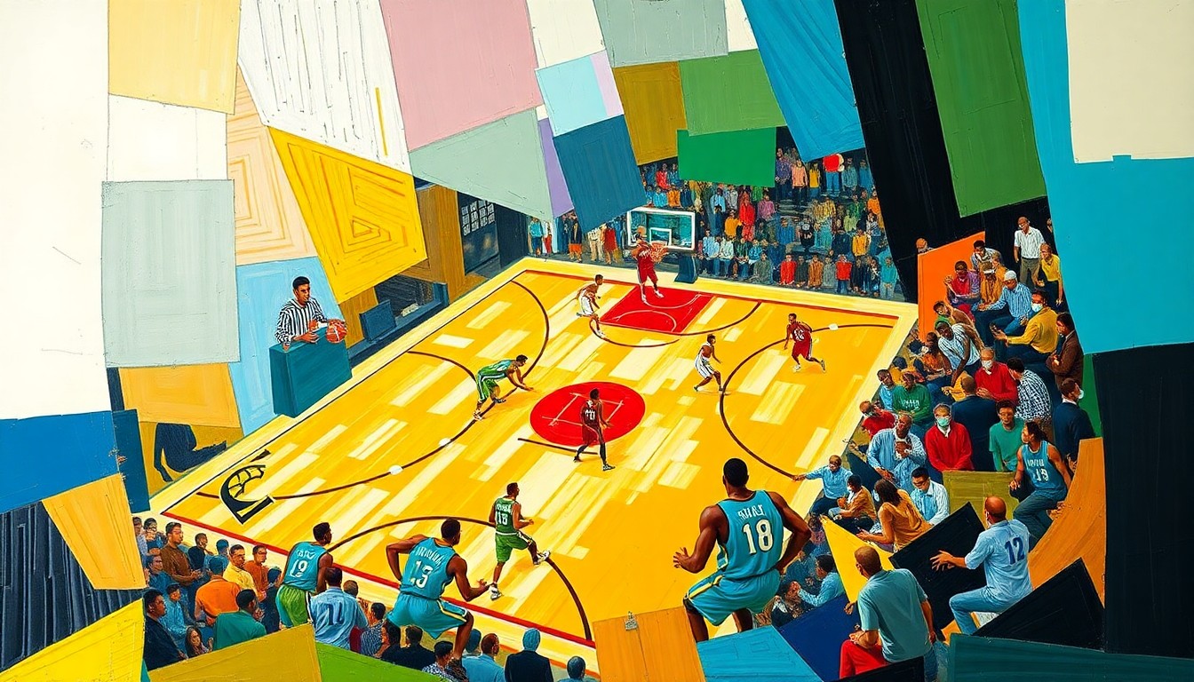 A cubist-style painting featuring overlapping geometric shapes and planes in the team colors of the Indiana Pacers and Charlotte Hornets, conveying the dynamic action of a basketball game.