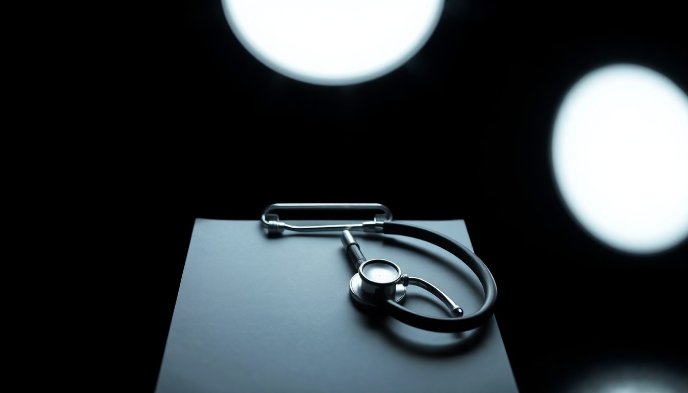 An extreme close-up photograph of a medical clipboard with a pen and prescription pad, lit by a harsh, direct camera flash against a pitch-black background, conceptually representing the investigation into fraudulent health care billing practices.