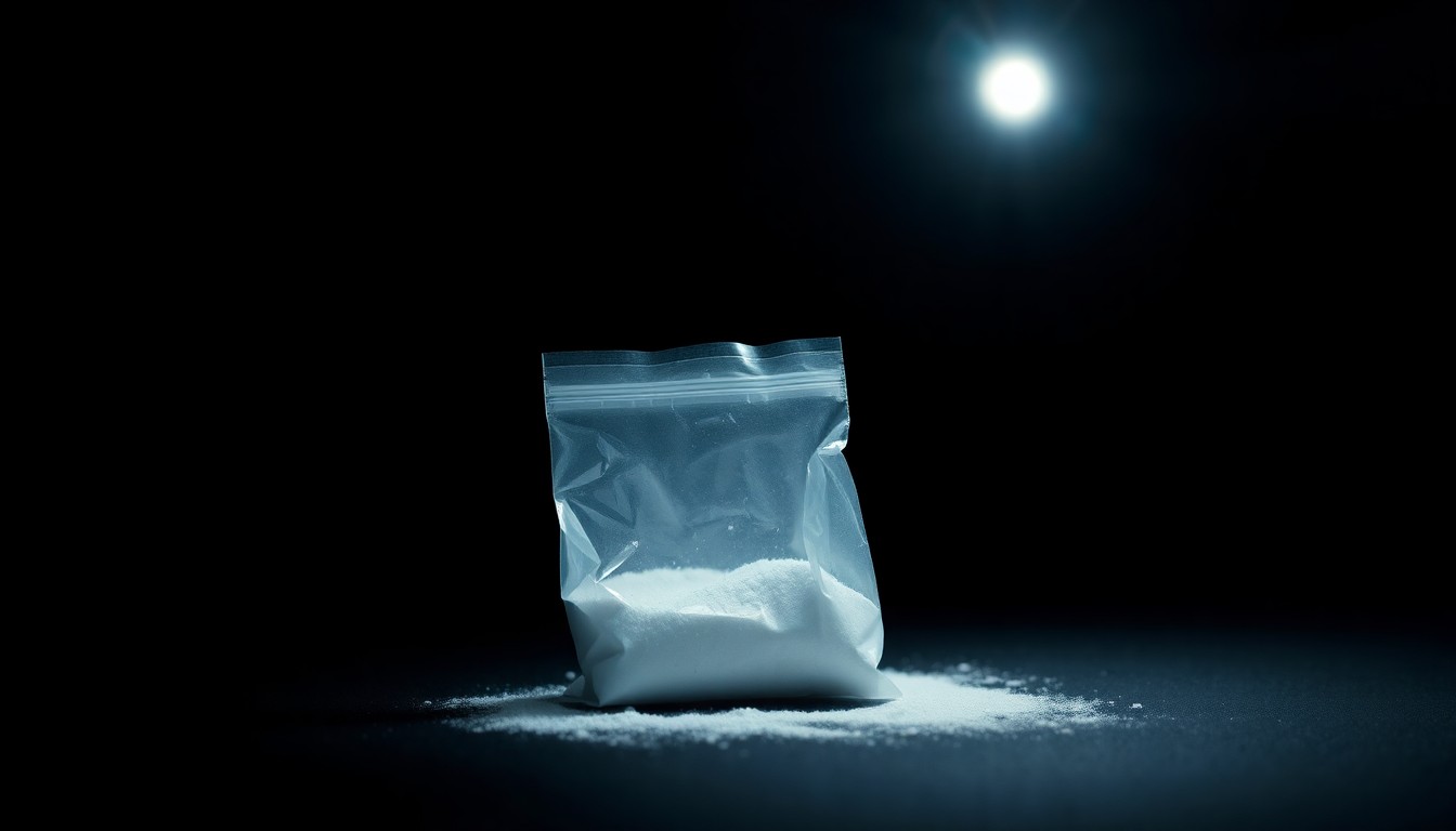 An extreme close-up of a small plastic bag containing a white powdery substance, reflecting a harsh, direct camera flash against a pitch-black background, conceptually illustrating a drug-related crime.