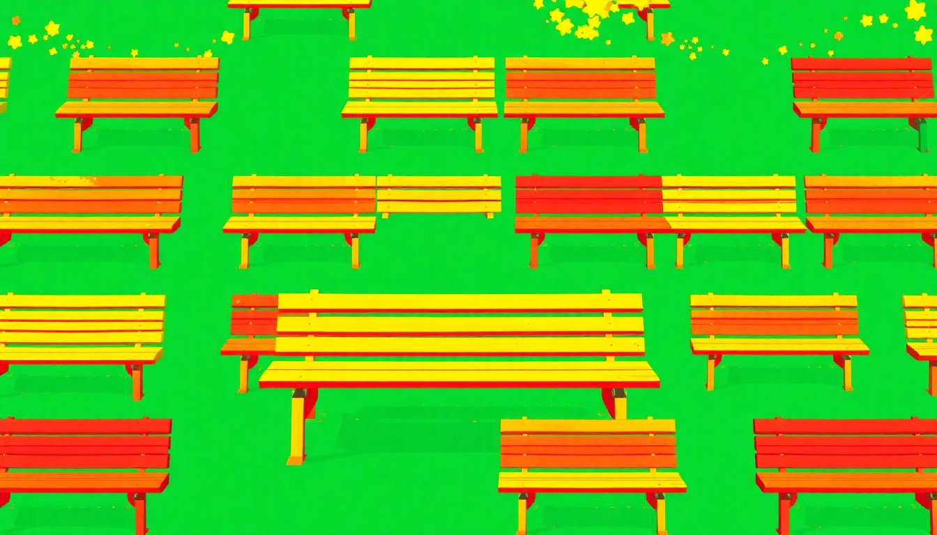 A bold, colorful silkscreen-style illustration featuring a repeating pattern of a simple park bench in vibrant shades of green, yellow, and red, conceptually representing the community's fight to save their neighborhood parks.