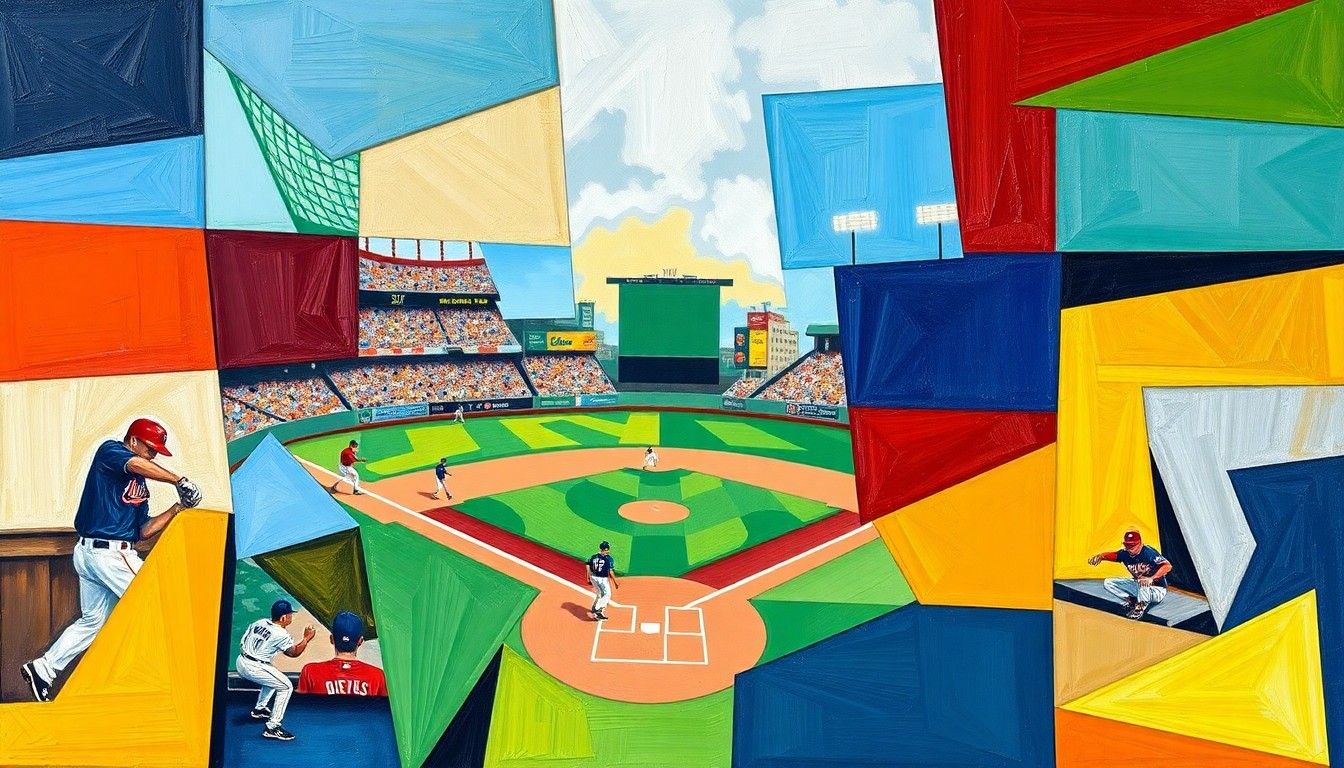 A fragmented, geometric painting in bold colors depicting a baseball game from multiple perspectives, conveying the analytical depth and visual excitement of the day's pitching matchups.