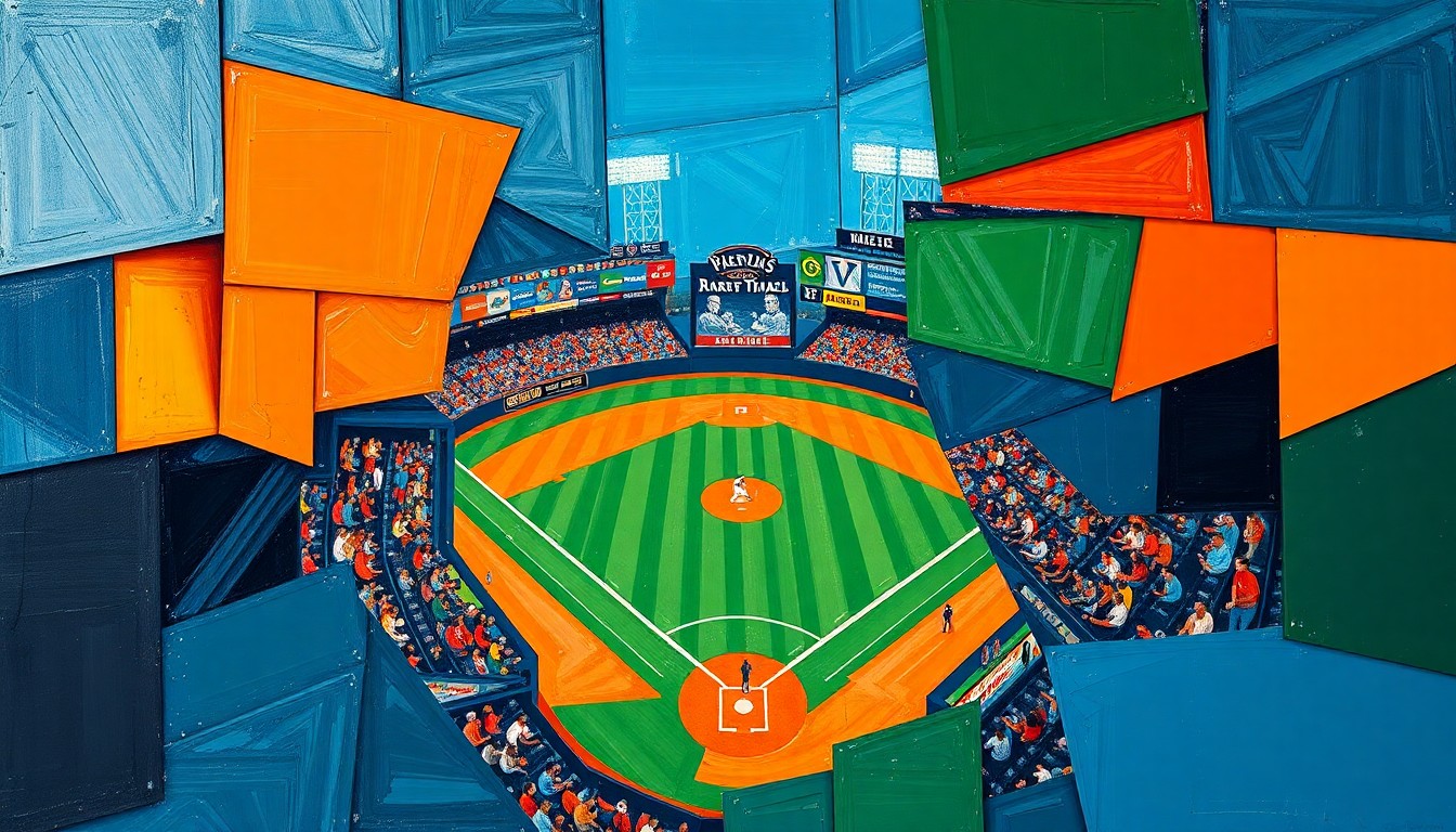 A cubist, geometric painting depicting a baseball game in progress, with sharp, overlapping planes of color representing the dynamic action on the field.