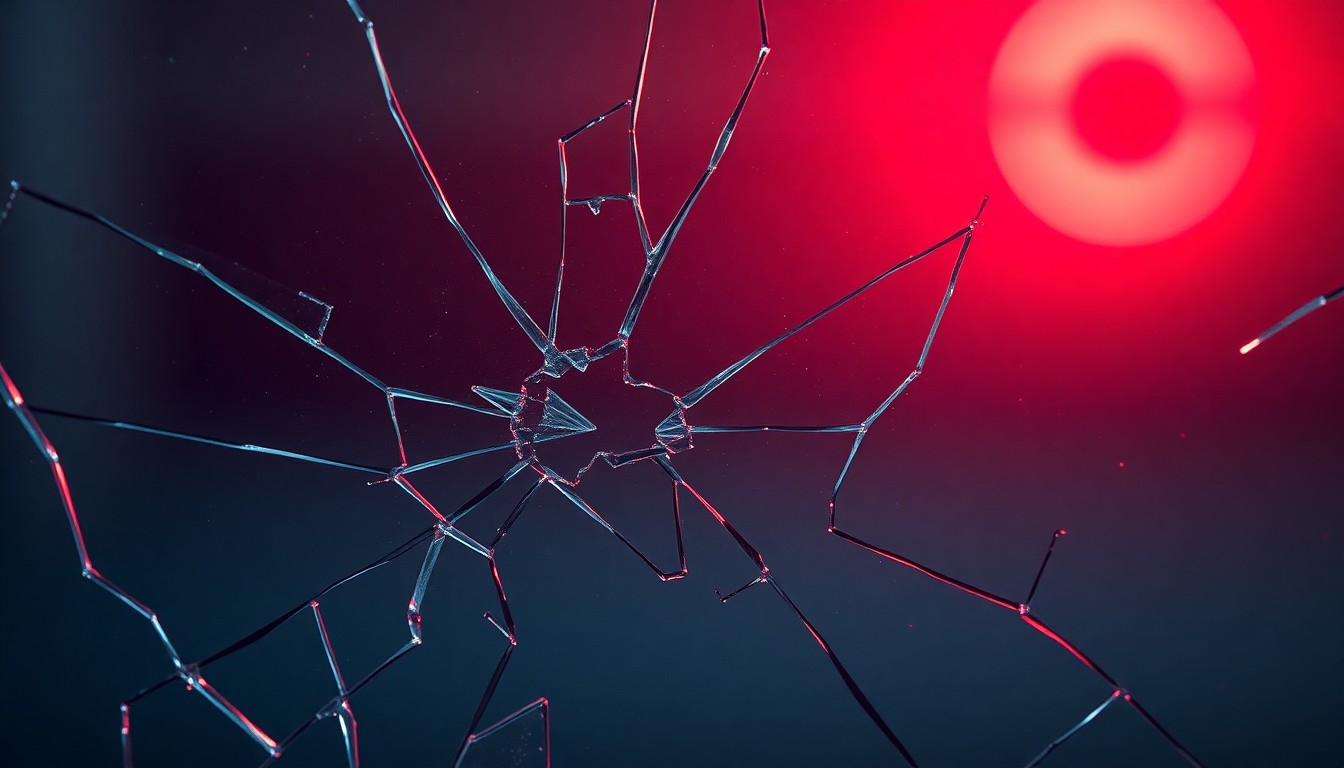 An abstract, high-contrast close-up photograph of a shattered, glittering glass surface, reflecting a faint red light and evoking the high-stakes drama of a medical TV series.