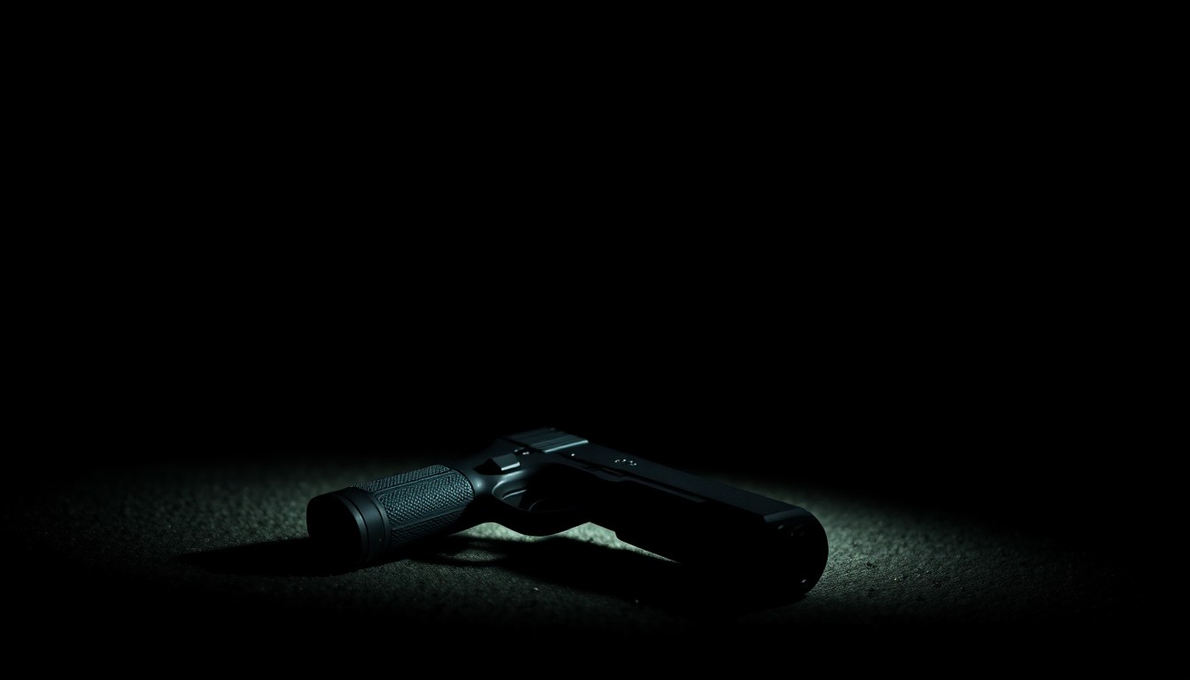An extreme close-up photograph of a handgun on the ground, lit by a harsh, direct camera flash against a pitch-black background, creating a stark, gritty, investigative aesthetic.