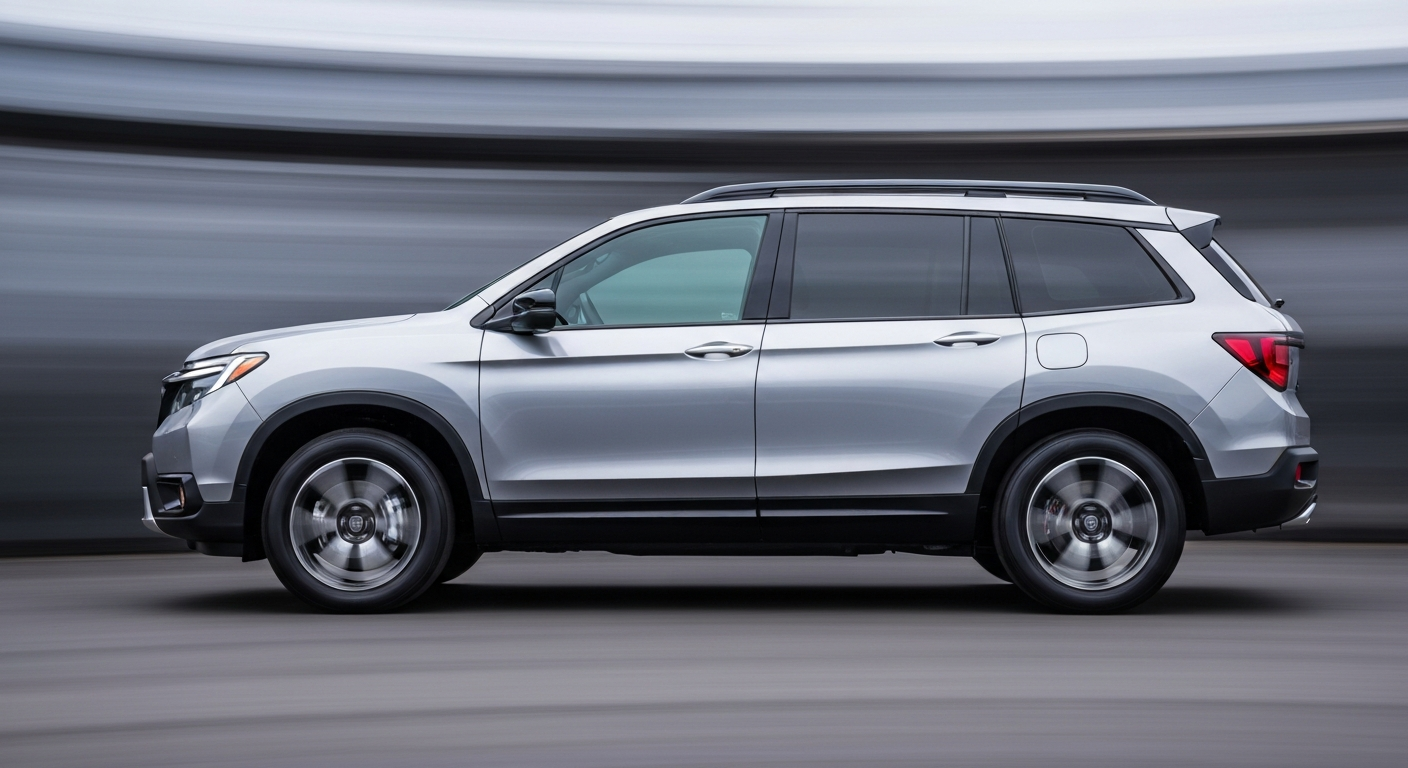 An abstract, motion-blurred image of a 2025 Honda Passport AWD in shades of blue, grey, and silver, conveying the energy and dynamism of automotive technology.