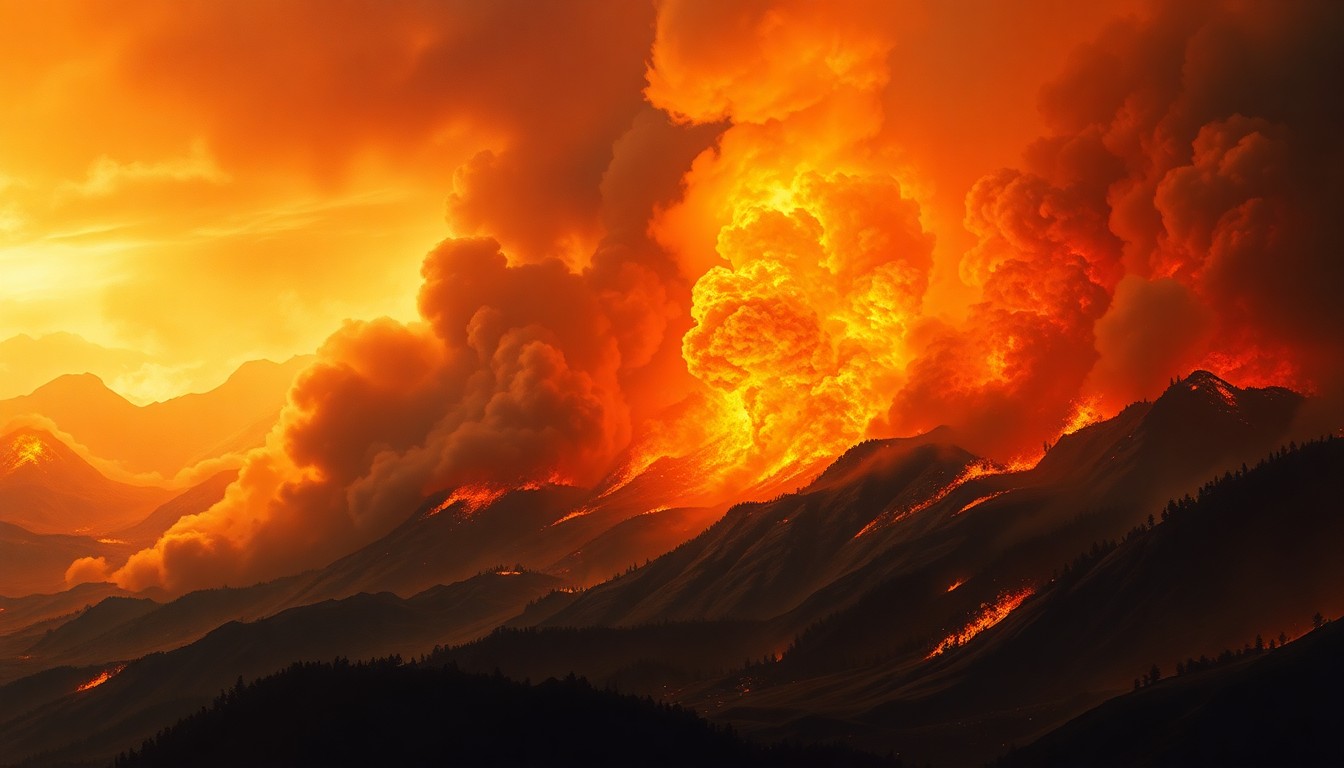 A sweeping, atmospheric landscape painting in muted tones of orange, red, and grey, depicting a massive wildfire consuming a residential area in the distance, with the flames and smoke dwarfing any visible structures.