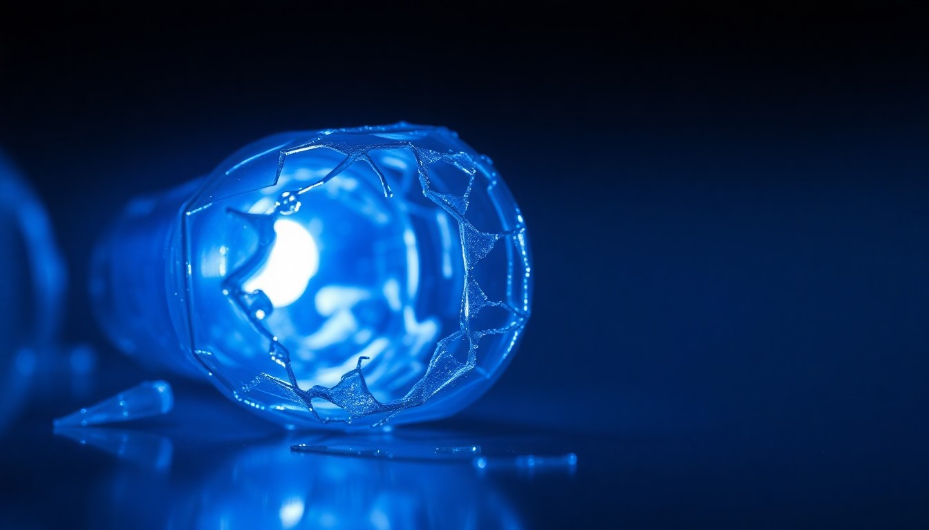 An extreme close-up of a shattered glass vial, reflecting a faint blue light, conceptually representing the fragility and high-stakes nature of the medical emergencies faced by the 9-1-1 crew.