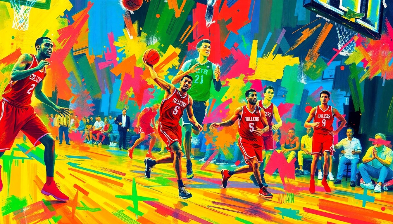 An abstract, neon-colored painting with rapid brushstrokes and splashes of color representing the dynamic action and energy of a college basketball game.