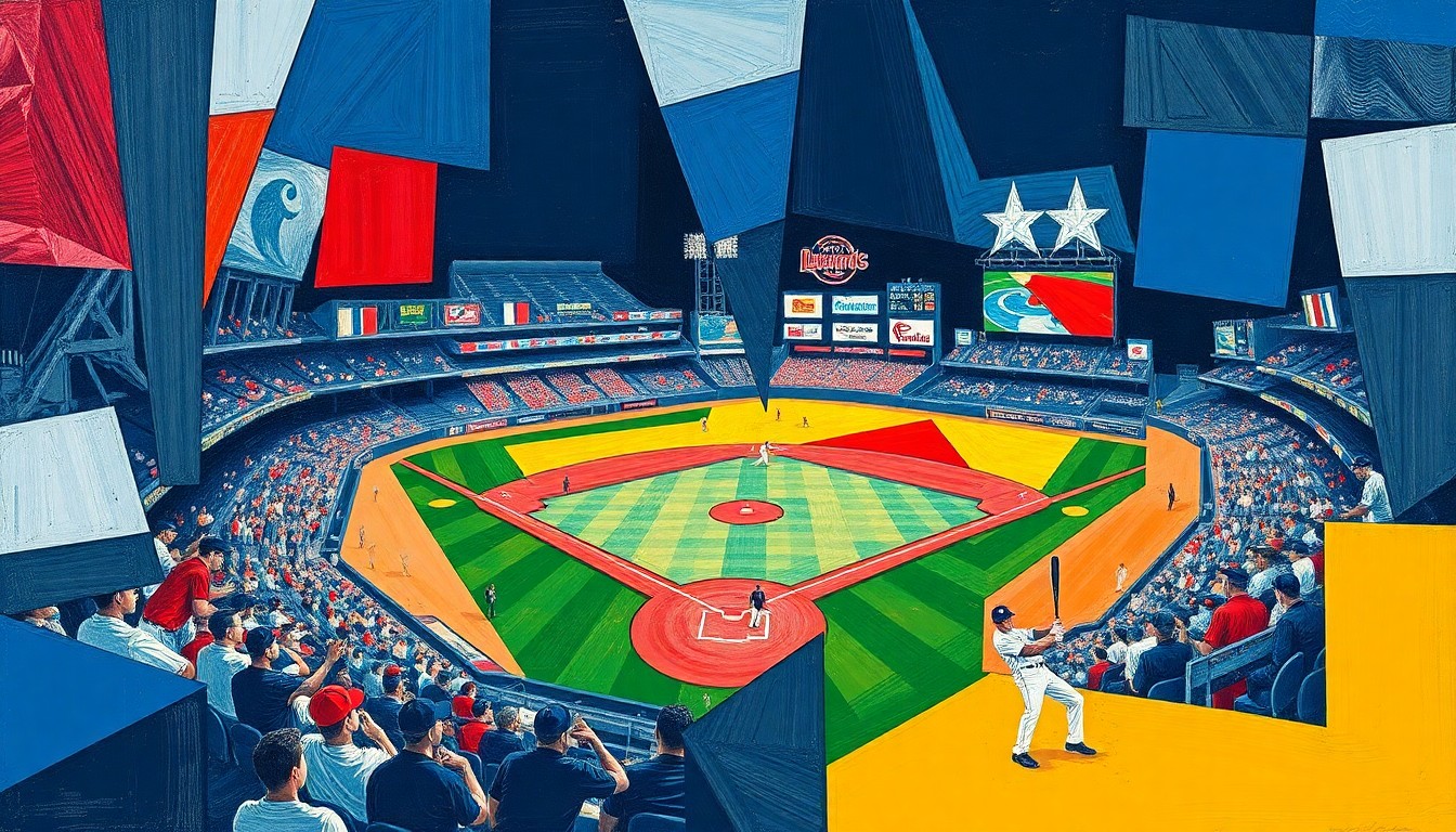 A fragmented, geometric painting depicting a baseball game in motion, with sharp planes of color representing the players, field, and crowd, conveying the analytical and artistic perspectives on the new season.
