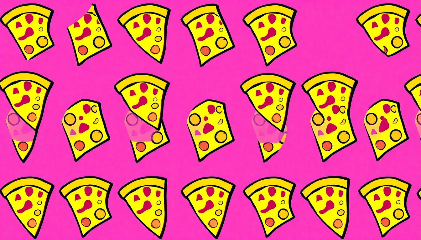 A brightly colored, high-contrast silkscreen print of a single, iconic pizza slice repeated in a tight grid pattern, utilizing flat, vibrant, and unnatural neon color palettes overlapping with heavy black photographic outlines to capture the playful and distinctive character of the Jailhouse Pizza restaurant.