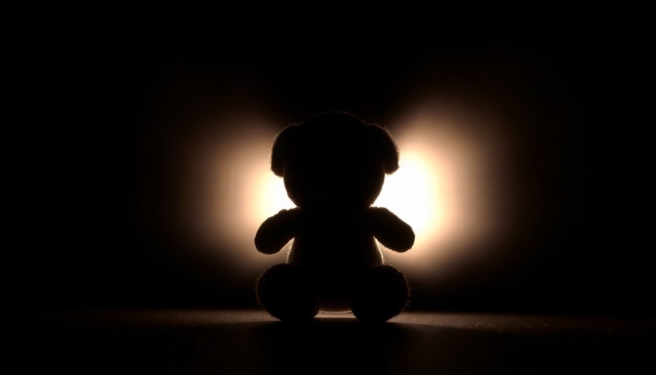 An extreme close-up photograph of a small, worn stuffed animal against a pitch-black background, conveying a sense of the gravity and seriousness of the alleged crime without depicting any actual violence or victims.
