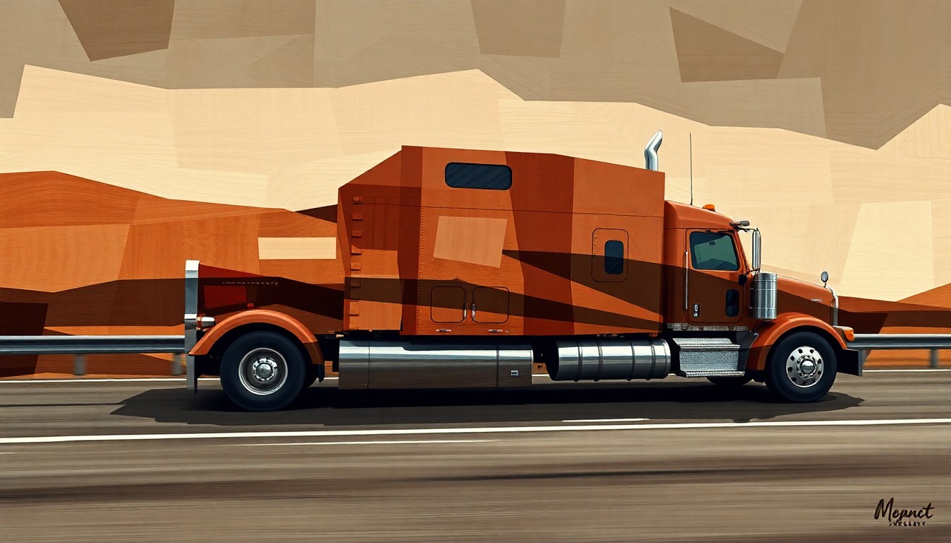 A dynamic, abstract painting featuring an 18-wheeler truck's shape repeated in overlapping geometric waves of brown, red, and grey, conveying the fast-paced, complex issues surrounding road safety regulations in the trucking industry.