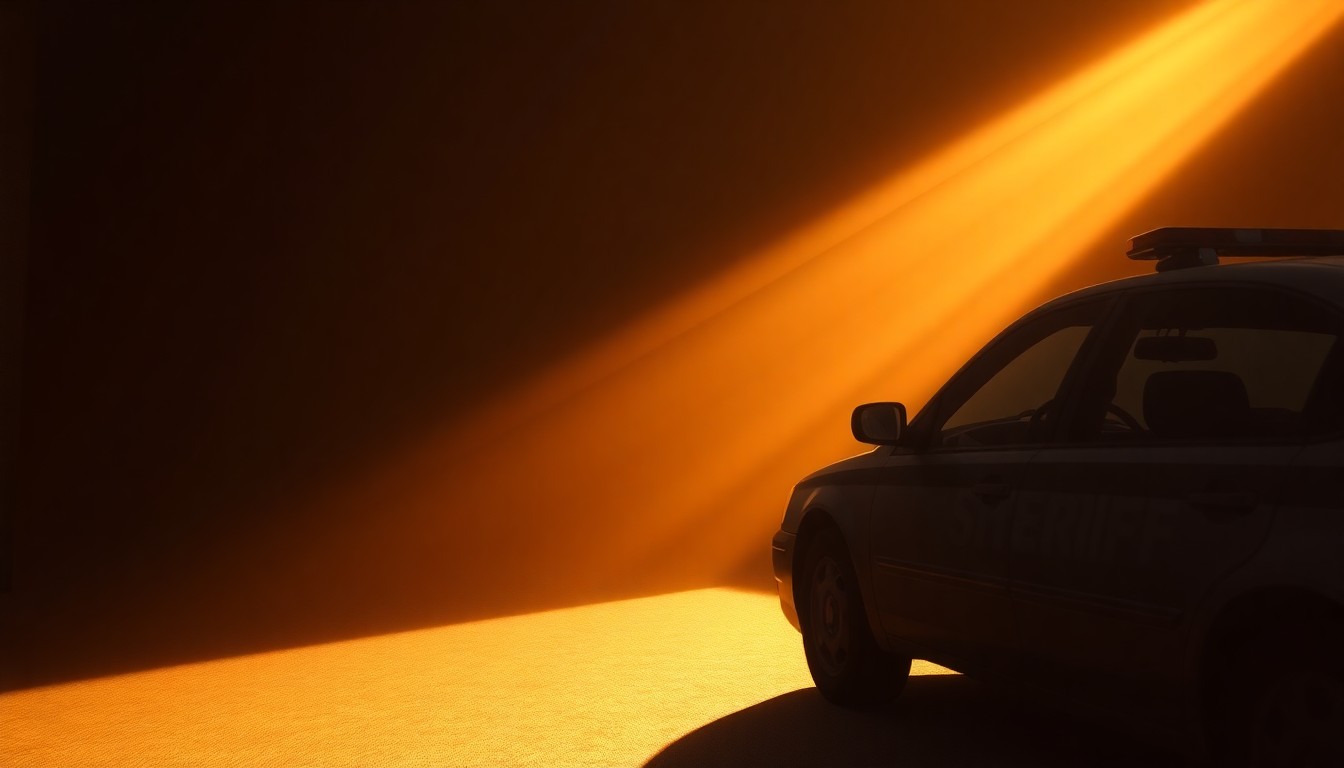 A photorealistic painting of a sheriff's badge or patrol car in warm, golden light, conveying a sense of political tension and nostalgia surrounding the new law.