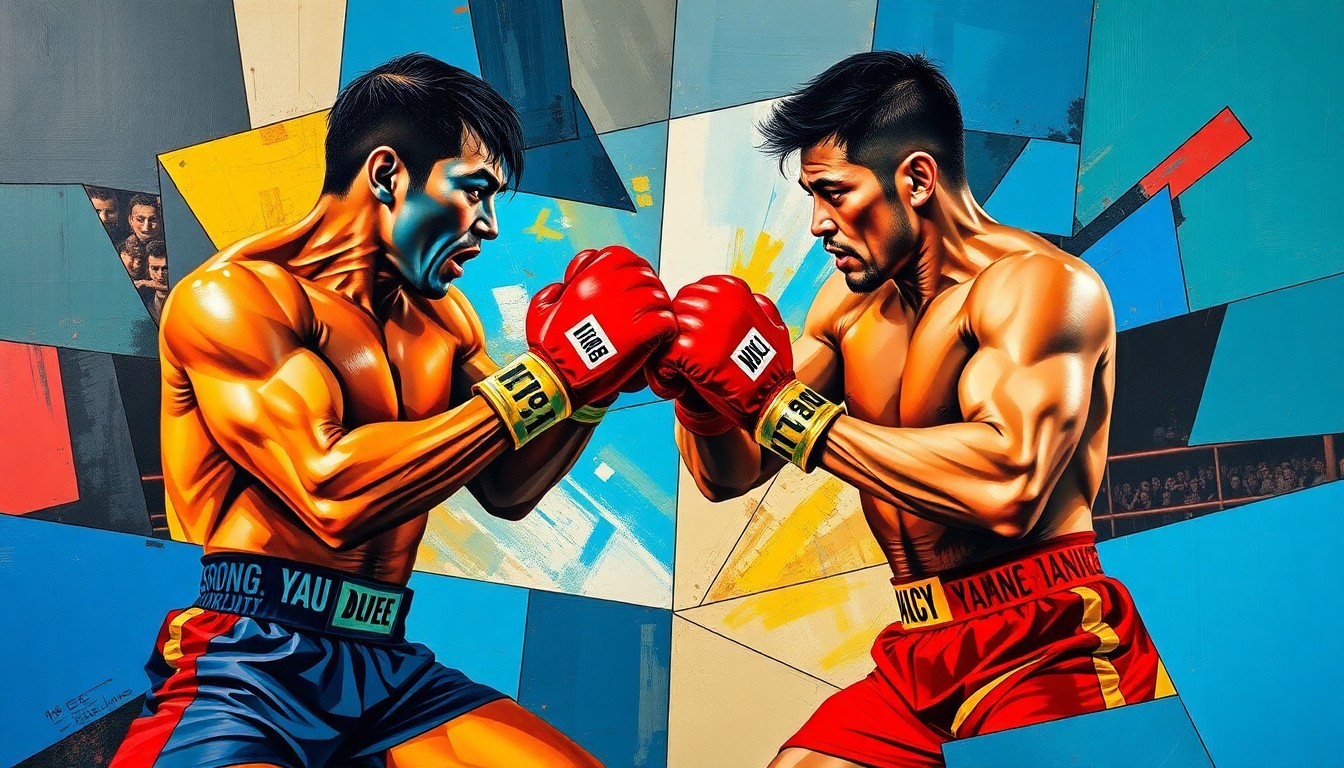 A fragmented, geometric painting depicting the dynamic movements and action of a mixed martial arts fight, with the combatants' forms broken down into sharp, overlapping planes of color.