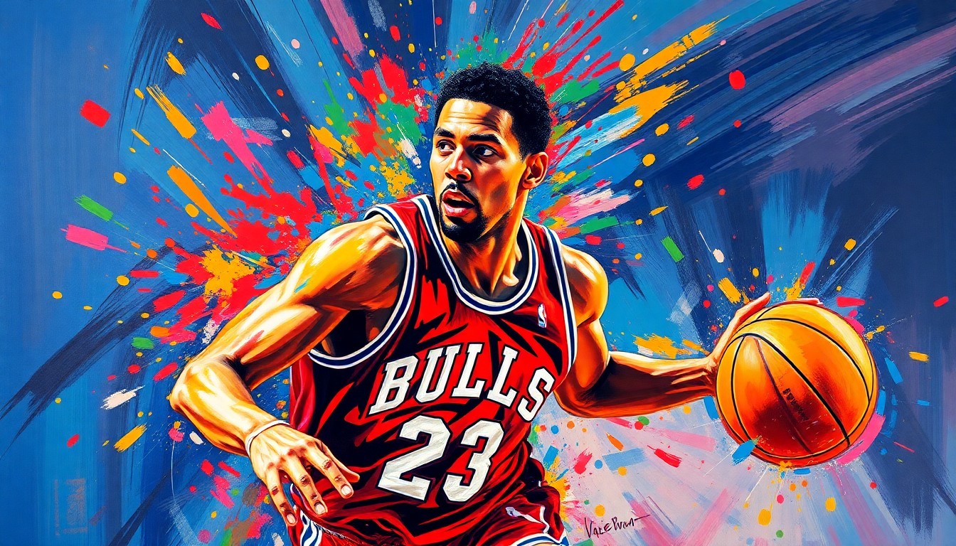 An abstract, expressionist painting in vibrant neon colors capturing the explosive energy and raw athleticism of a basketball player in motion, with their face and jersey dissolving into unrecognizable splashes of color.