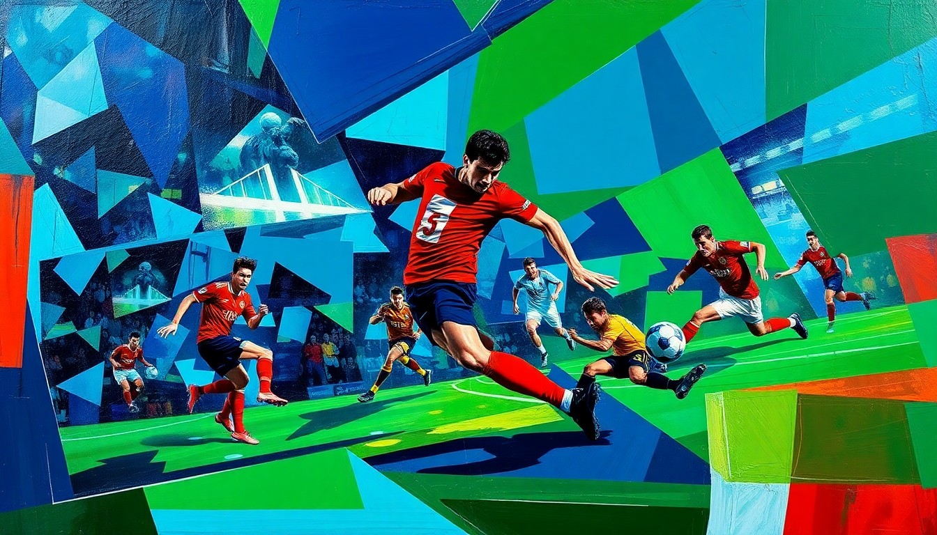 A fractured, multi-perspective painting depicting a high-intensity soccer match, with the players' movements and the ball's trajectory broken down into sharp, overlapping geometric shapes in a vibrant color palette, conceptually representing the drama and excitement of the Calhoun County boys' soccer championship.