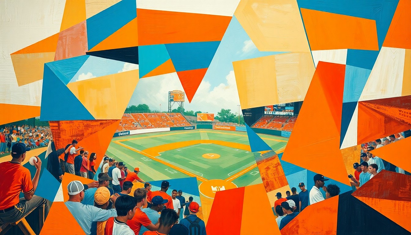 A fragmented, geometric painting depicting the dynamic action and energy of a high school baseball game, with sharp planes of color representing the players, field, and crowd.