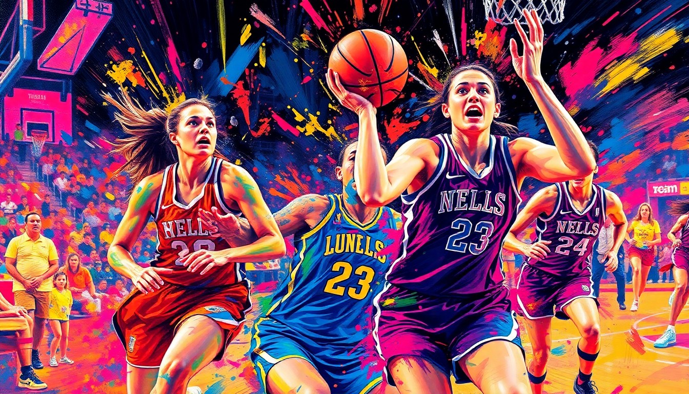 An abstract, energetic painting featuring bold brushstrokes and neon colors that capture the dynamic movement and excitement of a women's basketball game, with players' forms dissolving into vibrant splashes of paint.