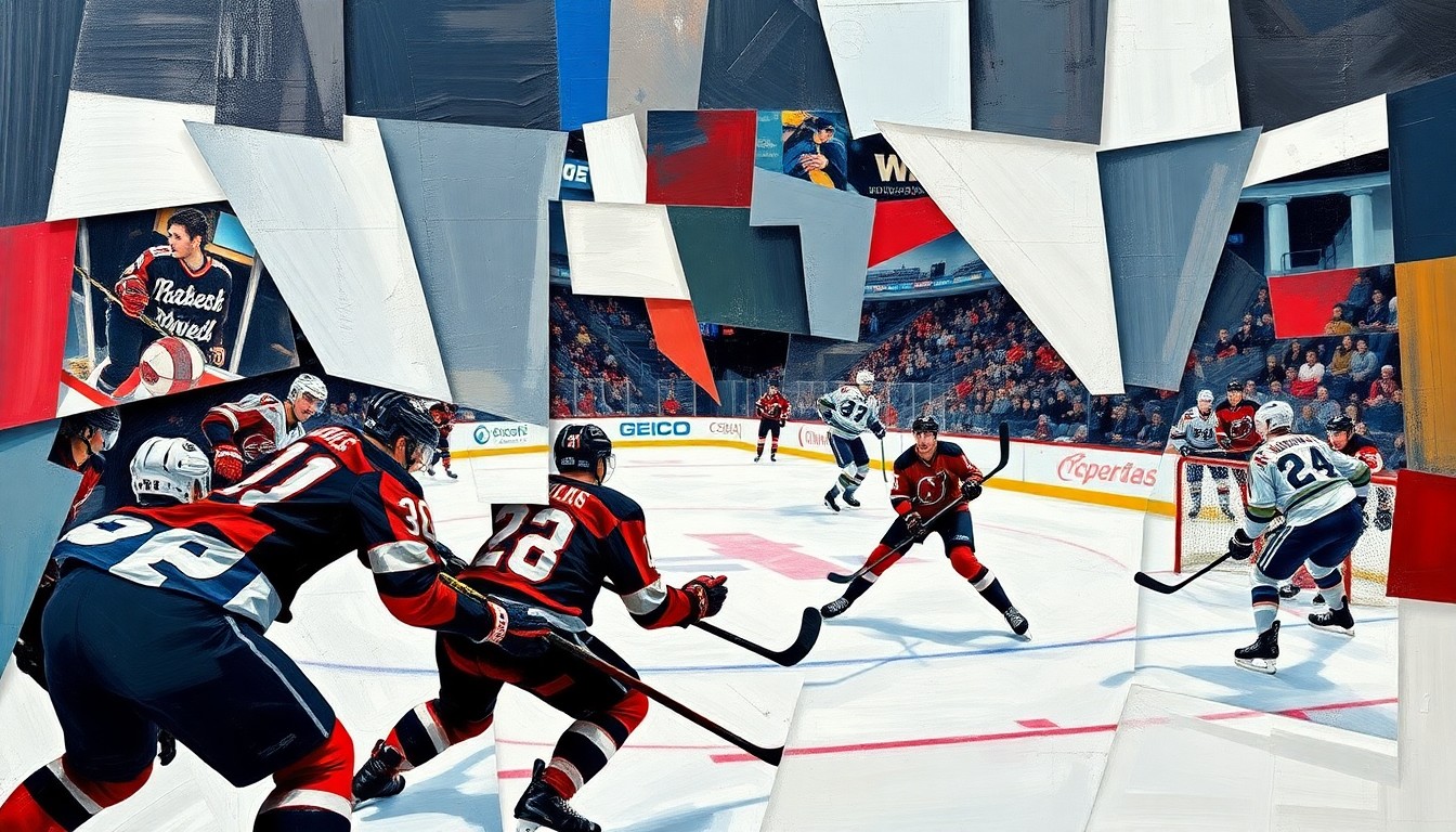 A fragmented, cubist-style painting depicting a hockey game between the New Jersey Devils and Washington Capitals, with the players' movements and the energy of the game expressed through sharp, overlapping geometric planes.