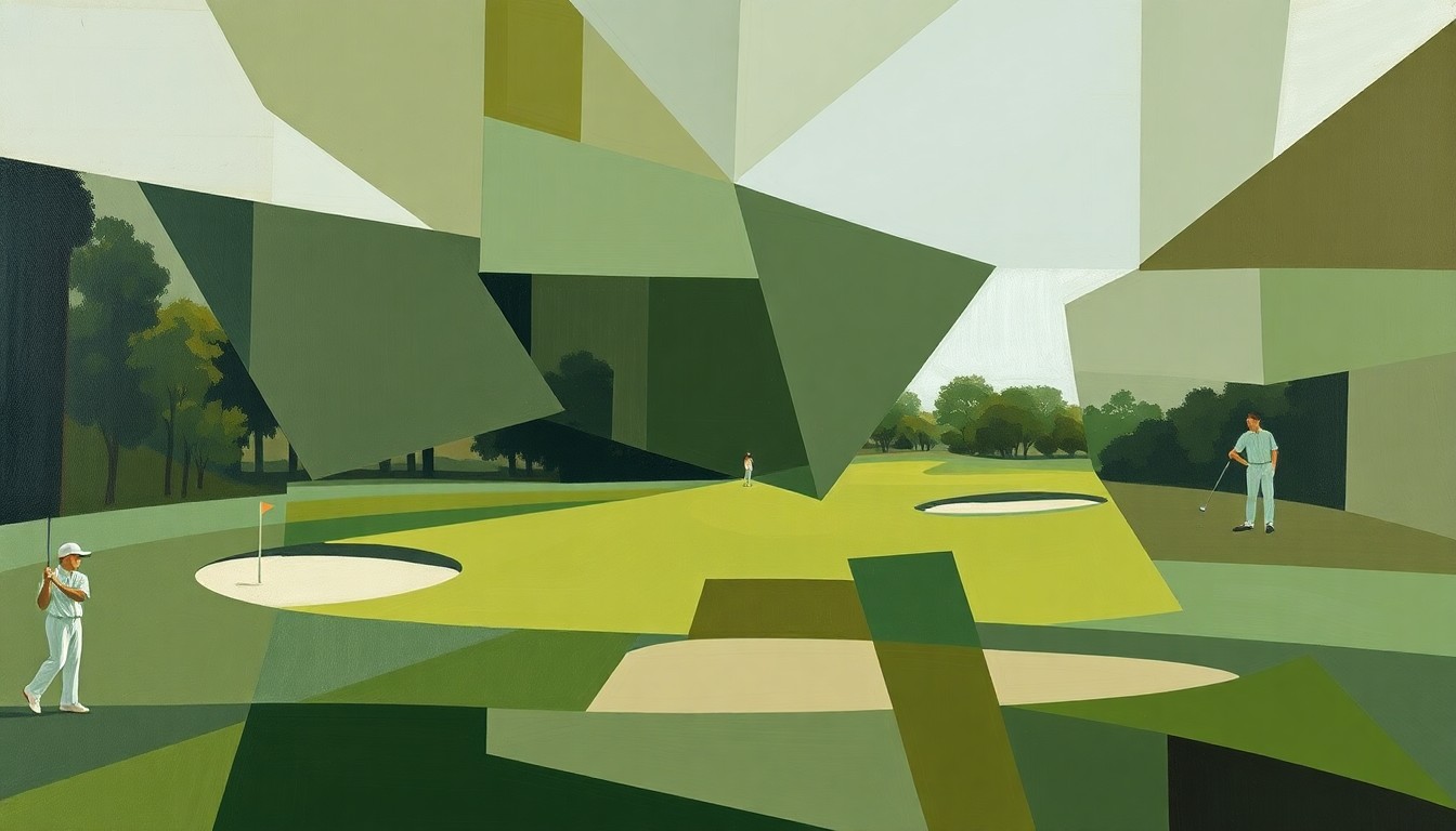 A fractured, geometric painting depicting a golf course scene broken down into sharp, overlapping planes of muted greens, browns, and greys, conceptually representing the complex personal struggles of Tiger Woods.