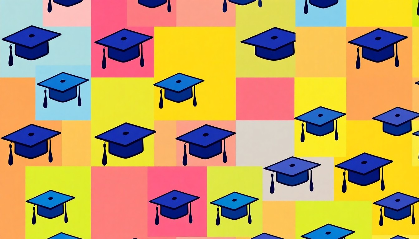 A highly stylized, repeating pattern of a graduation cap icon in neon pink, yellow, and blue, conceptually representing the recognition of a student leader's achievements.