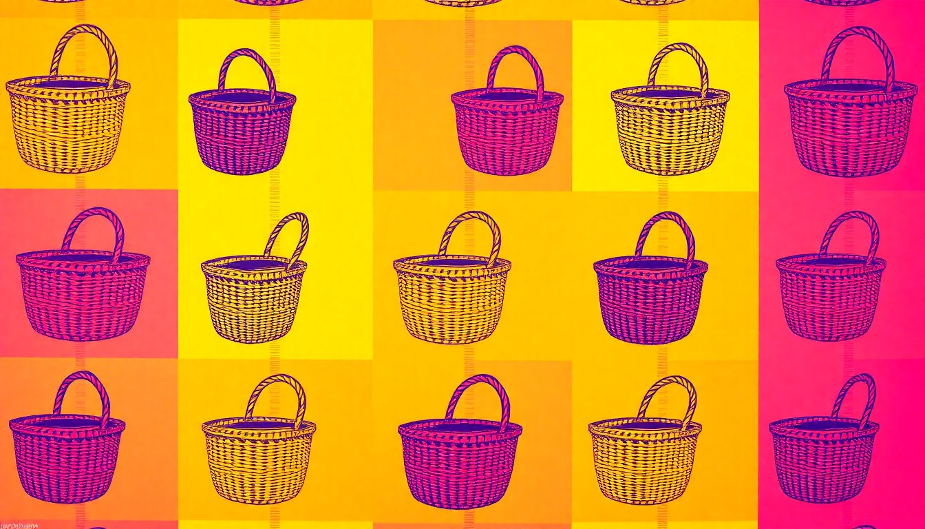 A brightly colored, high-contrast silkscreen print of a traditional Samoan woven basket, repeated in a tight grid pattern to create a modern pop art representation of the cultural heritage celebrated by the All My Usos organization.