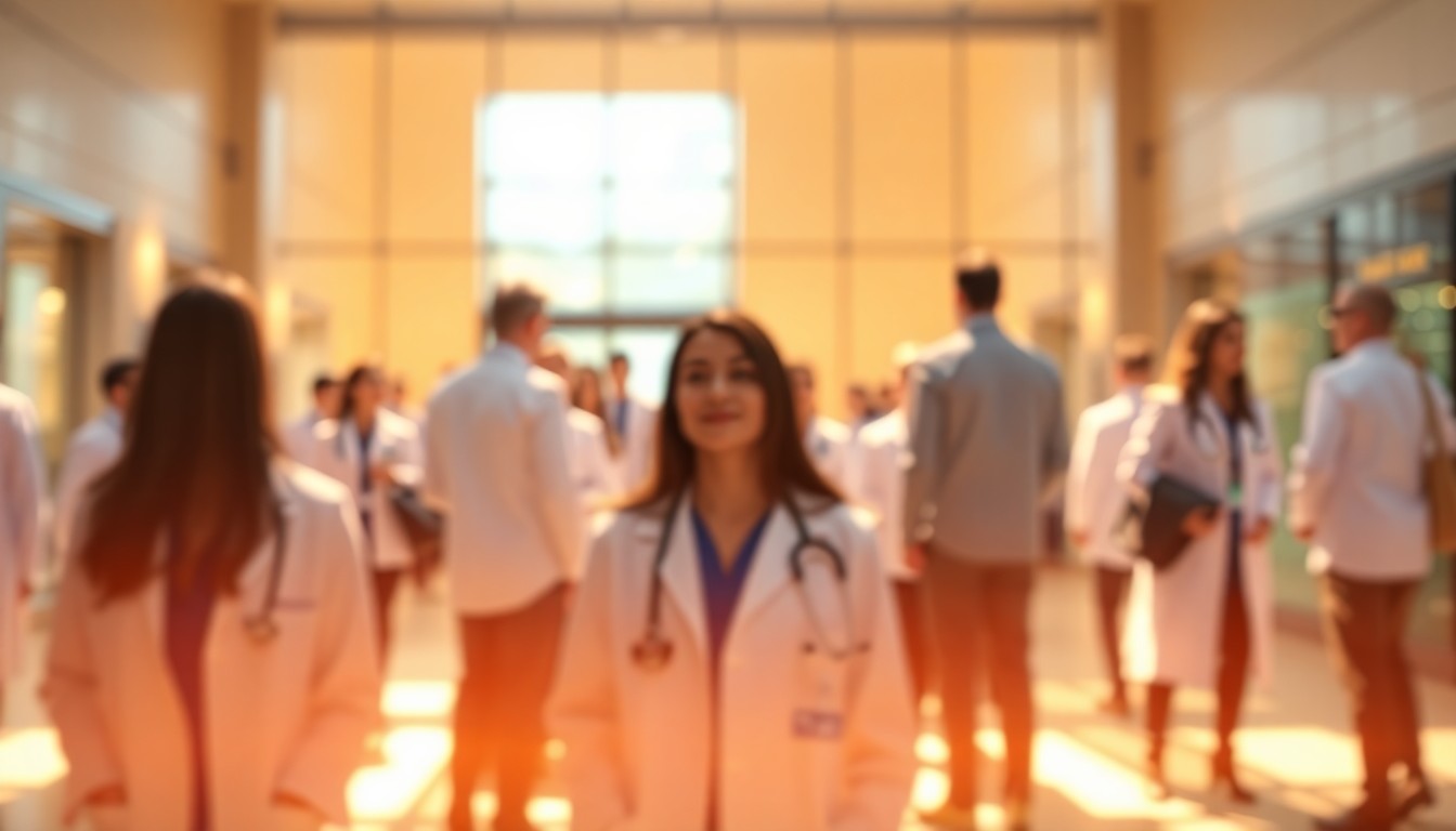 An abstract, impressionistic scene of blurred medical students in a sunlit atrium, their faces and forms obscured in a hazy, dreamlike wash of warm colors and soft focus, conveying the emotional tension and uncertainty of the pivotal Match Day event.
