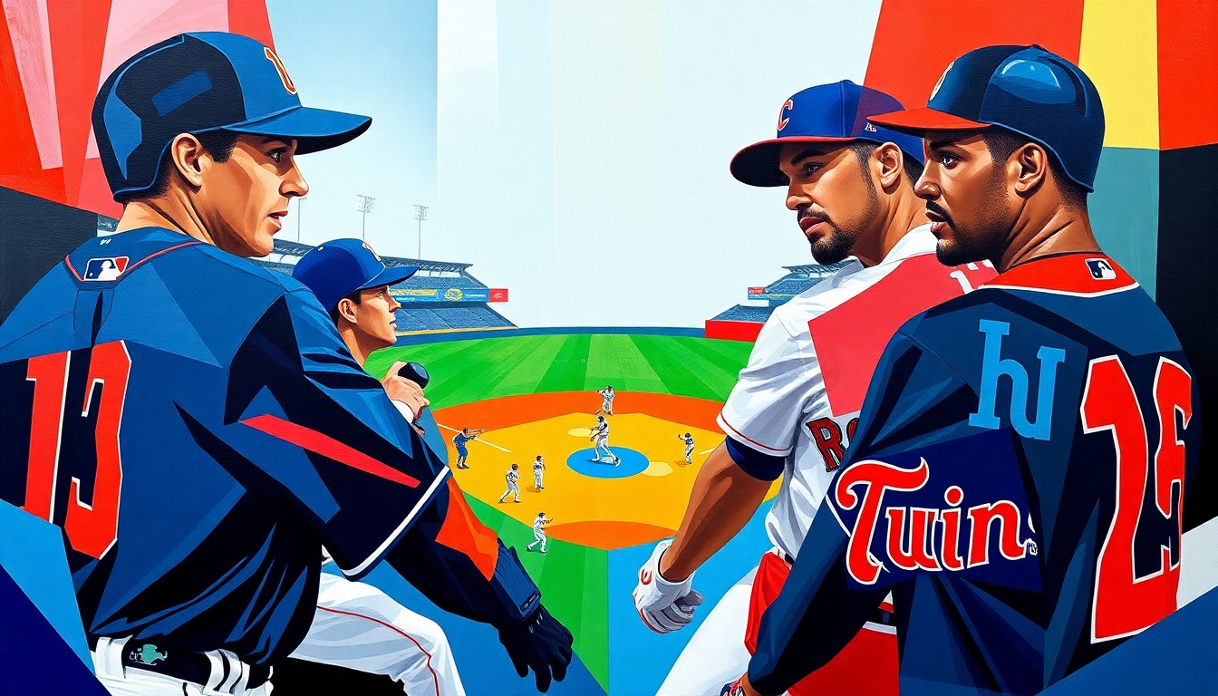 A fractured, cubist-style painting depicting the dynamic action of a baseball game, with the players' forms broken down into abstract geometric shapes and planes of vibrant colors representing the teams involved.