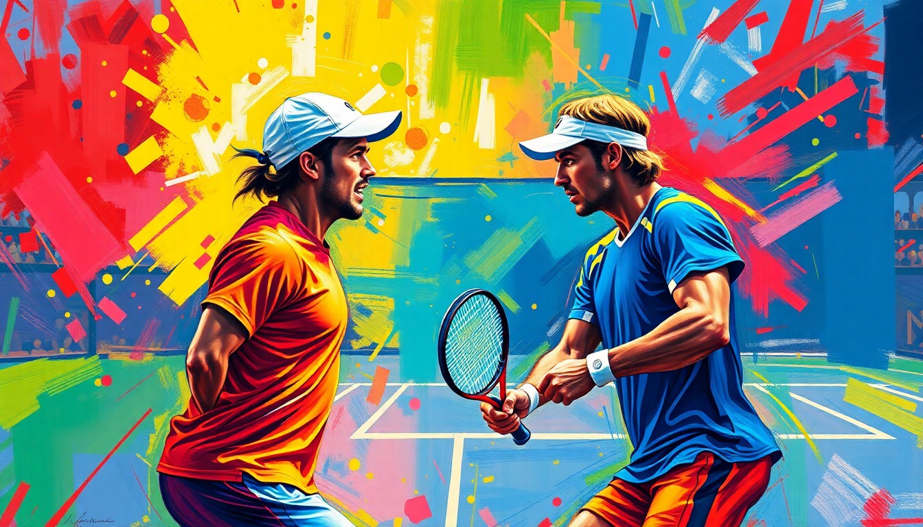 An abstract, expressionist painting featuring bold, neon-colored brushstrokes that convey the intense energy and competitive spirit of a tennis match, without any recognizable figures or text.