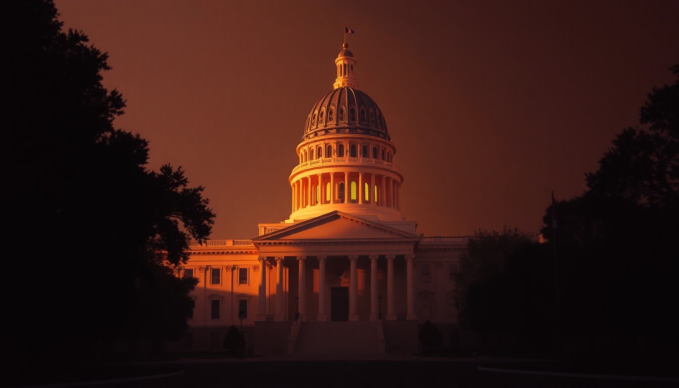 A serene, cinematic painting of the Georgia State Capitol building, its grand facade and dome illuminated by warm, angled sunlight that casts deep shadows across the scene, creating a contemplative, nostalgic mood.