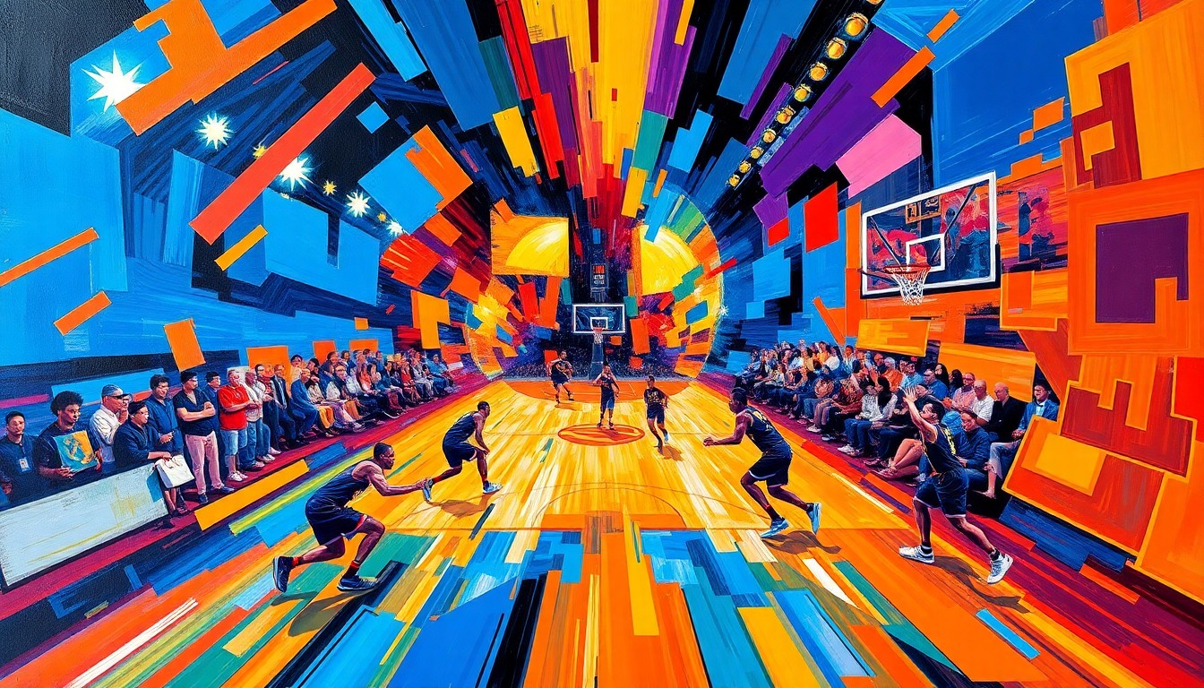A fragmented, multi-angled painting in bold, clashing colors that depicts the fast-paced action and energy of a basketball game, with players and the court deconstructed into sharp, overlapping geometric forms.