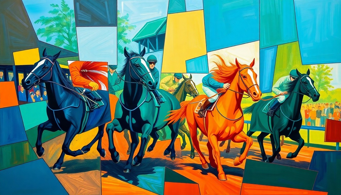 A fractured, geometric painting in vibrant colors depicting the motion and action of a harness racing competition, with no recognizable figures or text.