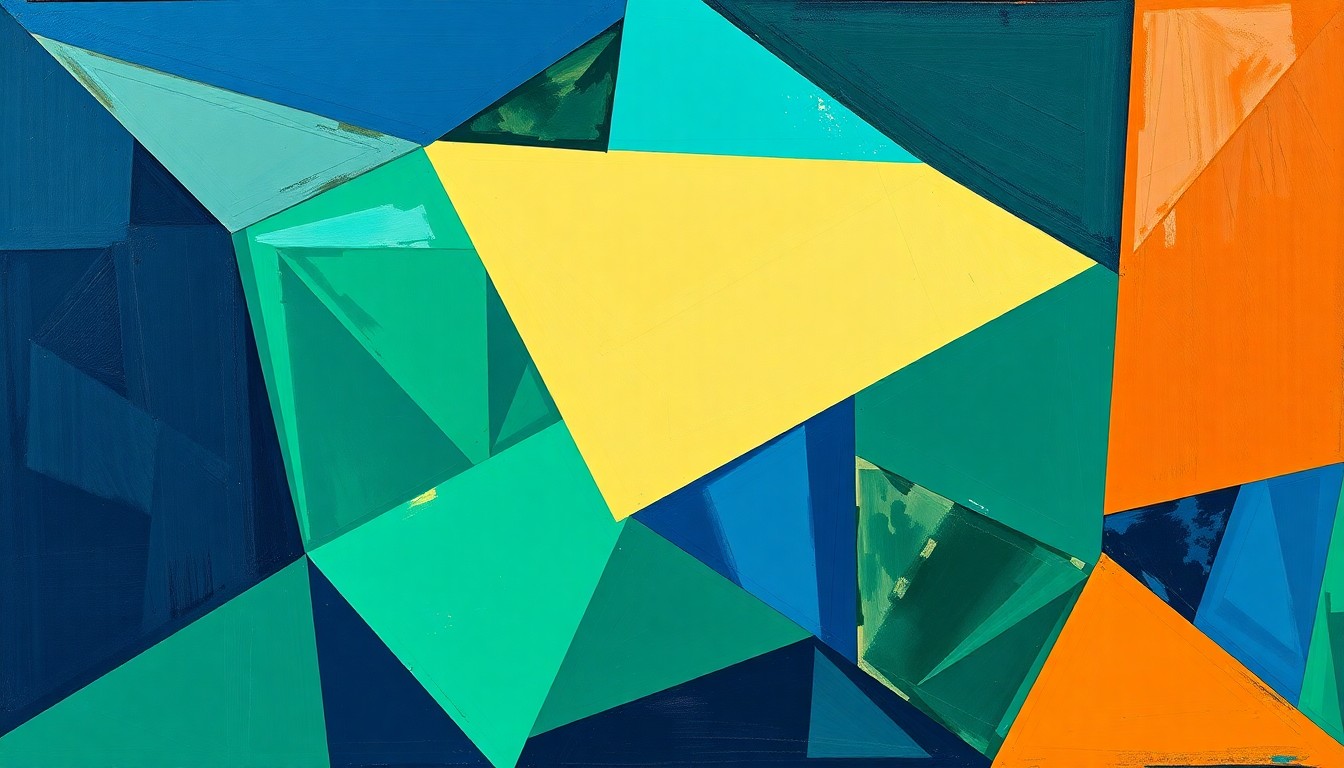 A fractured, cubist-style painting depicting the action and energy of a women's basketball game, with sharp geometric shapes and planes in navy, green, and orange hues.