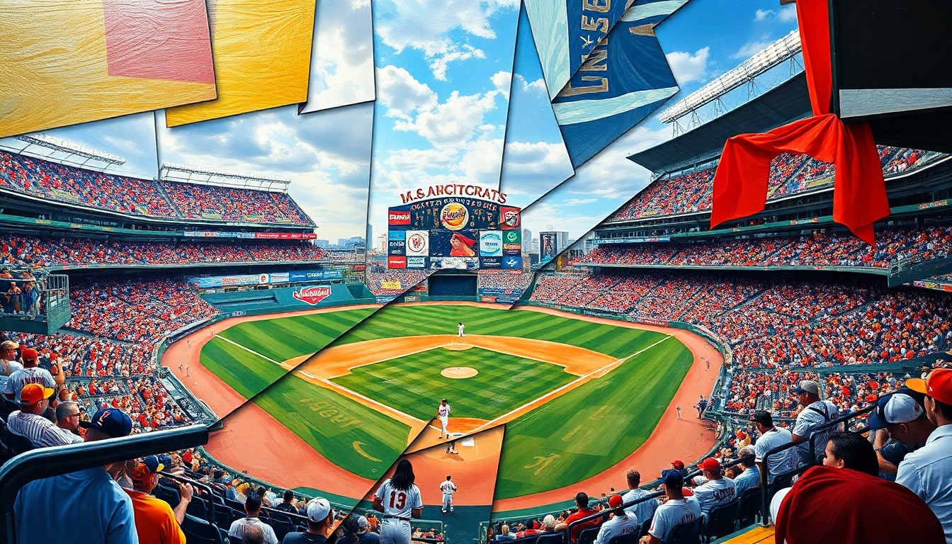 A fractured, geometric painting depicting a baseball game in motion, with sharp planes of color and overlapping shapes representing the players, field, and stadium environment.