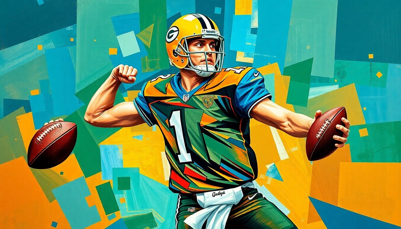 A cubist-style painting depicting a football quarterback's throwing motion broken down into sharp, overlapping geometric shapes and planes in vibrant colors, conveying the raw athleticism and technical precision of the performance.