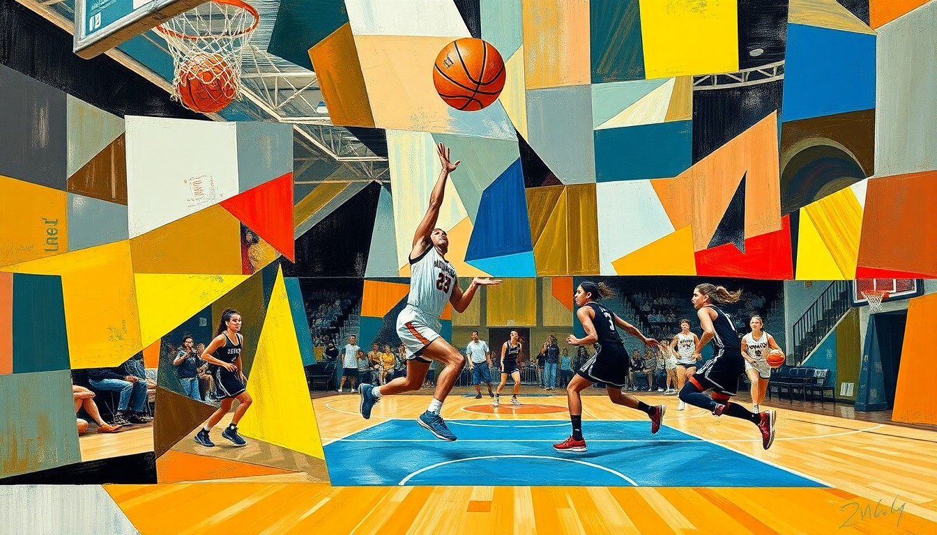 A fragmented, geometric painting depicting the action and energy of a women's basketball game, with sharp planes of color and form representing the intensity of the Final Four matchups.