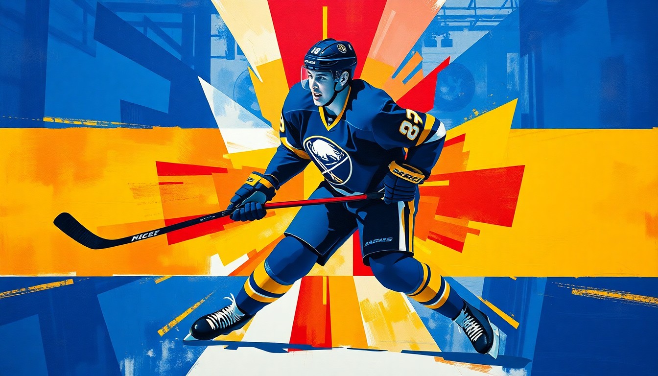 A fractured, cubist-style painting depicting a hockey player in action, with sharp geometric planes of blue, red, and yellow representing the Sabres' team colors and the dynamic nature of the sport.