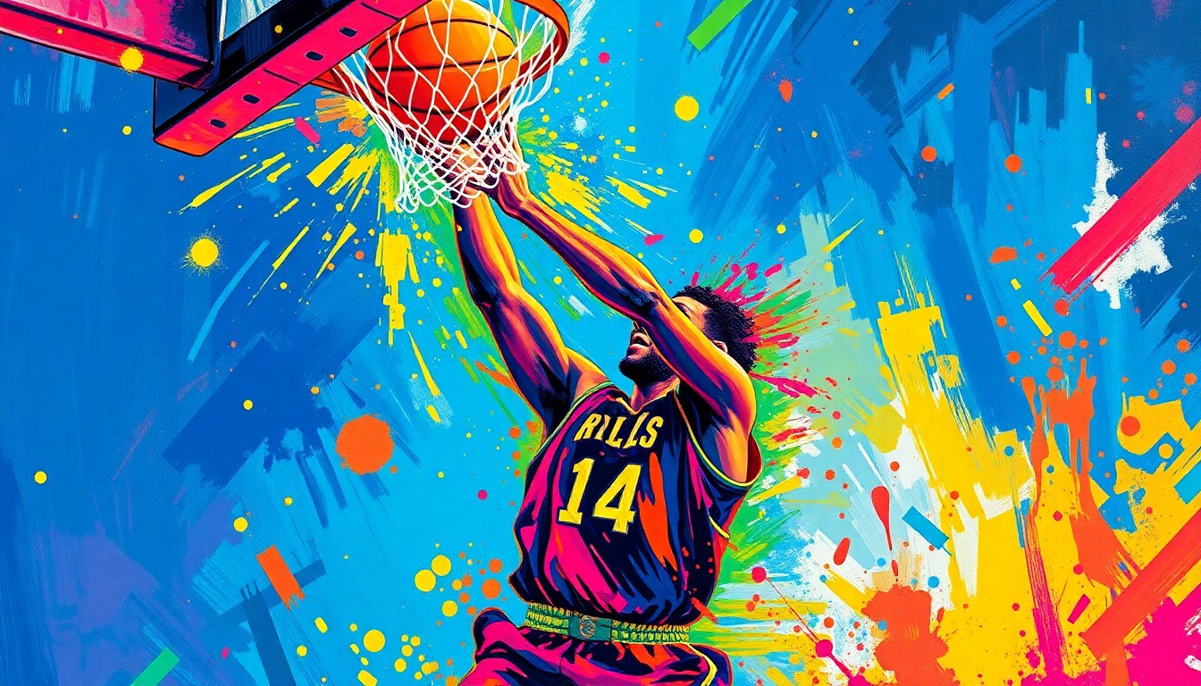A dynamic, expressionist painting in neon colors depicting the blurred, energetic motion of a basketball player shooting a 3-pointer, the ball and player's form dissolving into vibrant brushstrokes.