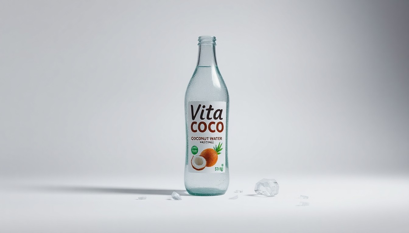 A photorealistic studio still-life photograph showing a shattered glass bottle with a coconut water label, symbolizing the potential fraud and operational issues at Vita Coco. The bottle is arranged elegantly on a clean, monochromatic background using dramatic lighting and shadows.