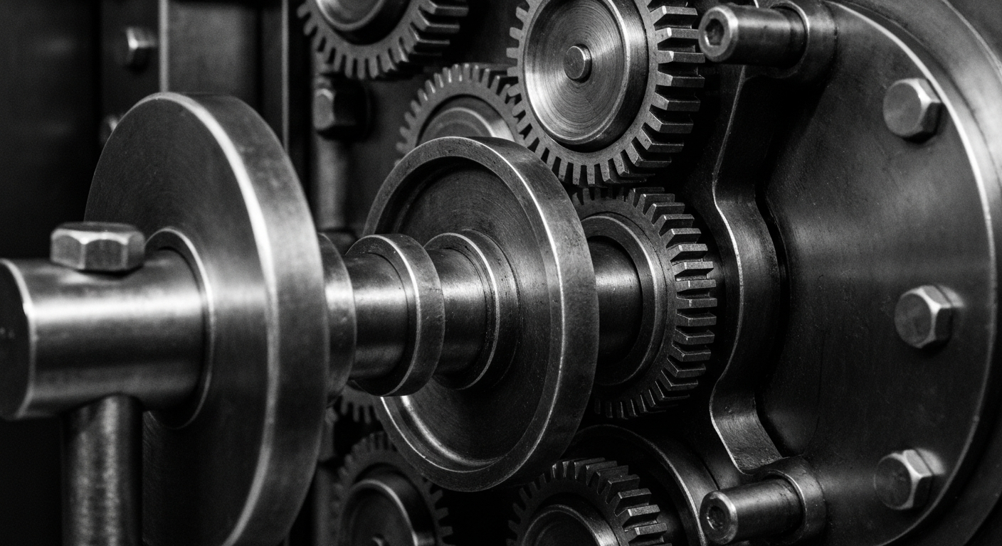 A high-contrast, black and white close-up photograph of the gears, locks, and other heavy machinery inside a bank vault, conveying a sense of financial security and institutional strength.