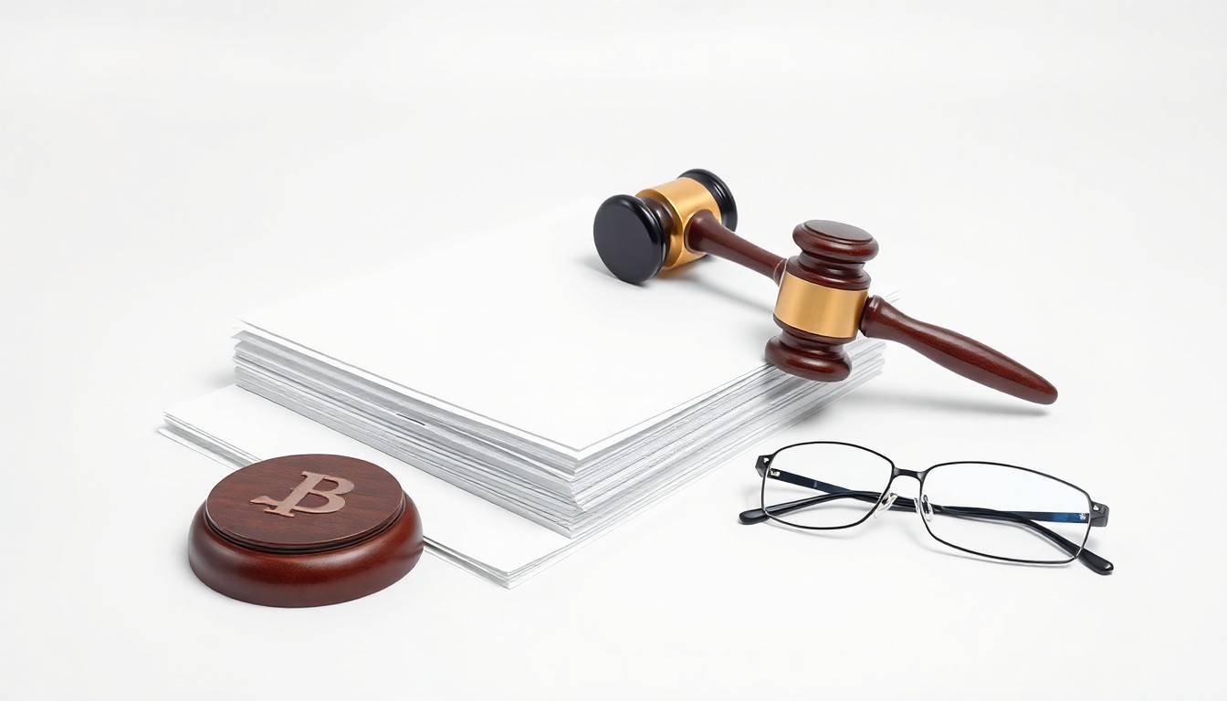 A minimalist studio still life photograph featuring a stack of legal documents, a wooden gavel, and a pair of reading glasses arranged on a clean white background, conveying the serious legal matters at the heart of this shareholder lawsuit.